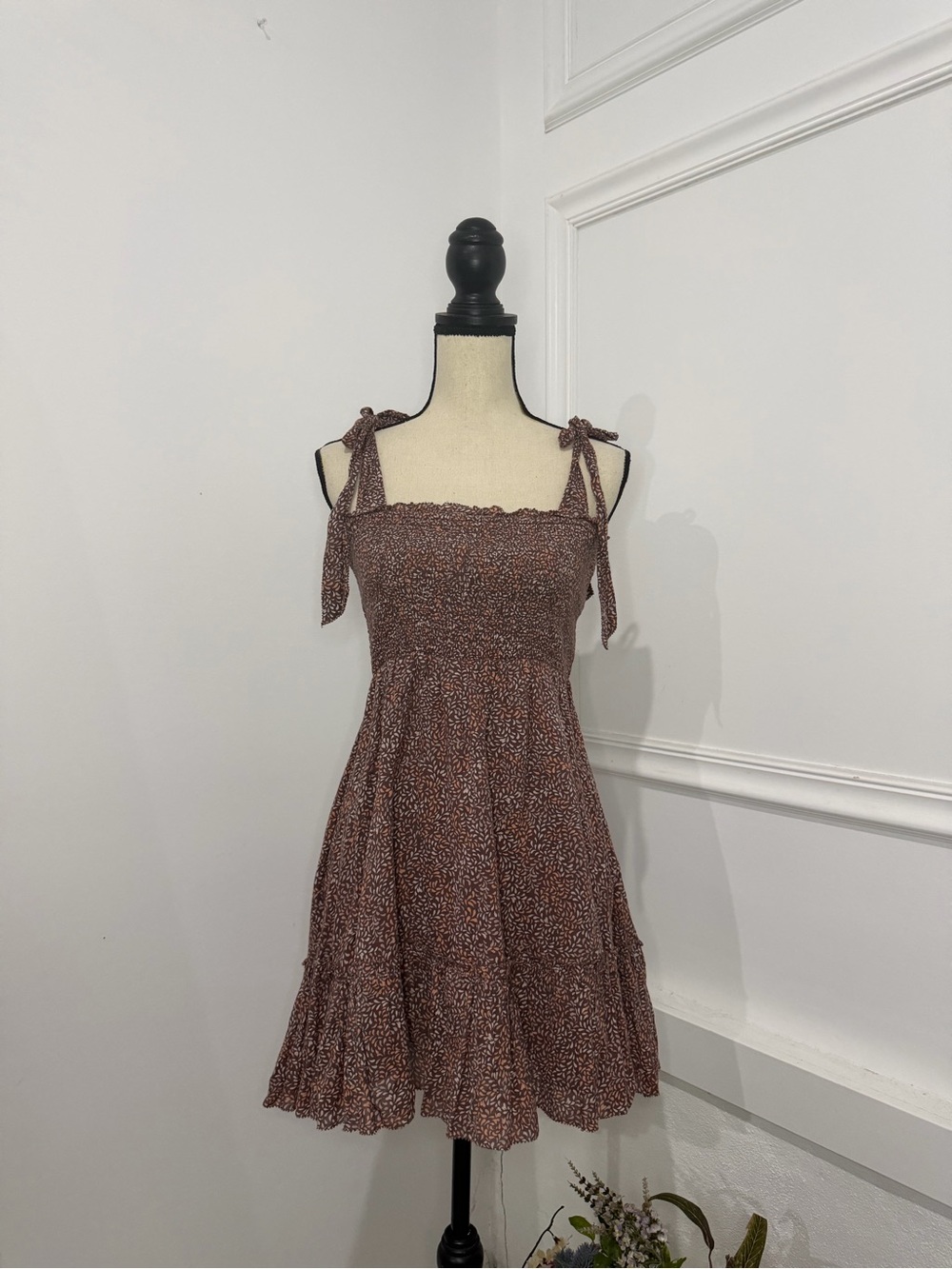 aerie Brown Floral Tie-Shoulder Smocked Mini Dress